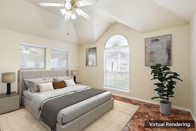 bedroom featuring ceiling fan and lofted ceiling