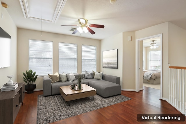 living room featuring ceiling fan, a wealth of natural light, and dark hardwood / wood-style floors