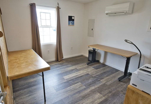 home office featuring a wall mounted AC, electric panel, and dark hardwood / wood-style flooring