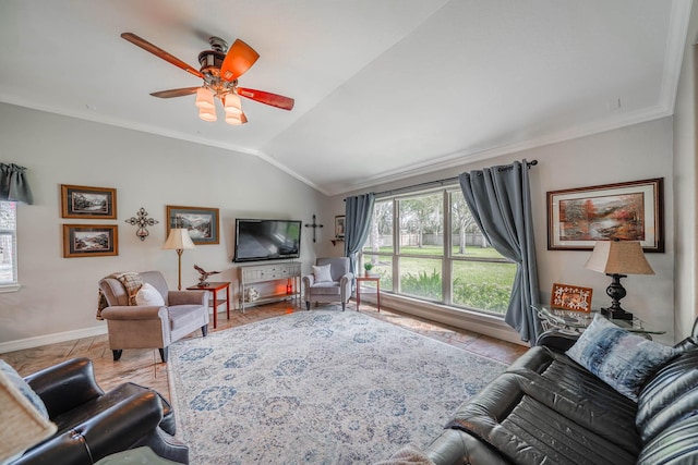 living room with ceiling fan, ornamental molding, and lofted ceiling