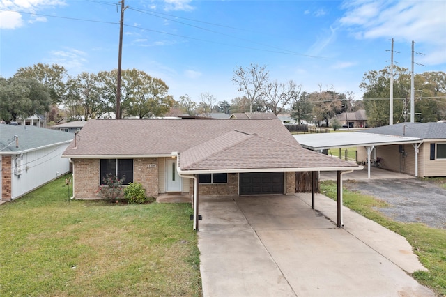 ranch-style house with a carport, a garage, and a front yard