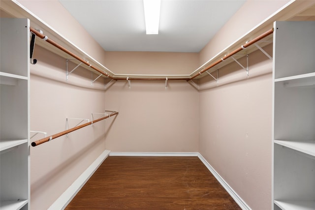 walk in closet with dark wood-type flooring