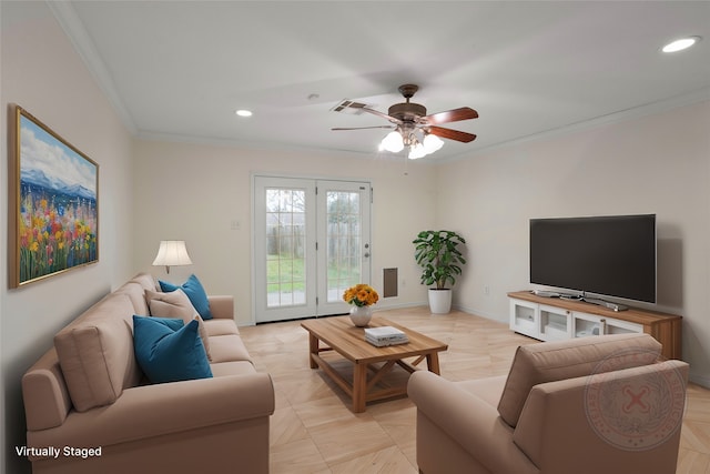 living room featuring ceiling fan and crown molding