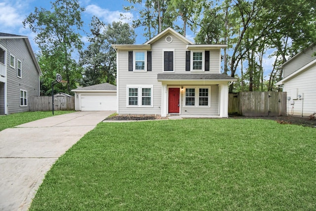 view of property featuring a front lawn, covered porch, and a garage