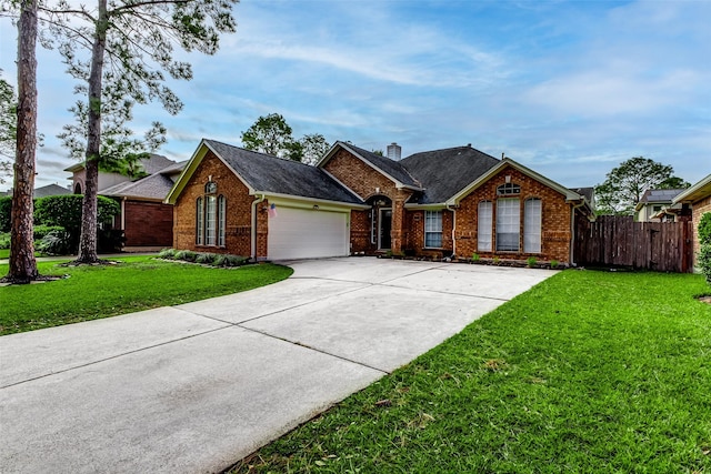 ranch-style house featuring a front lawn and a garage