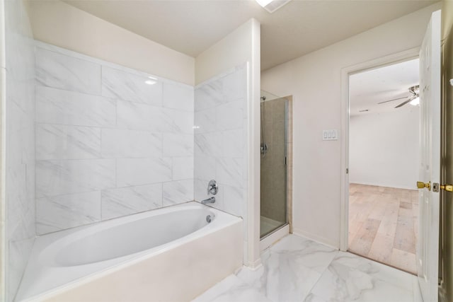 bathroom with ceiling fan and independent shower and bath