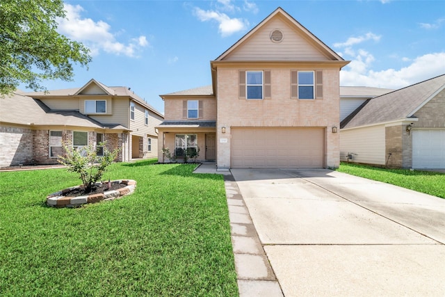 front facade featuring a garage and a front lawn