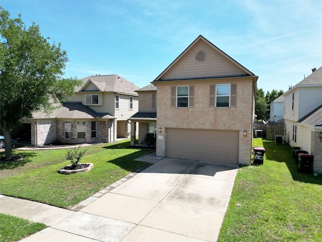 front facade featuring a front yard, a garage, and cooling unit