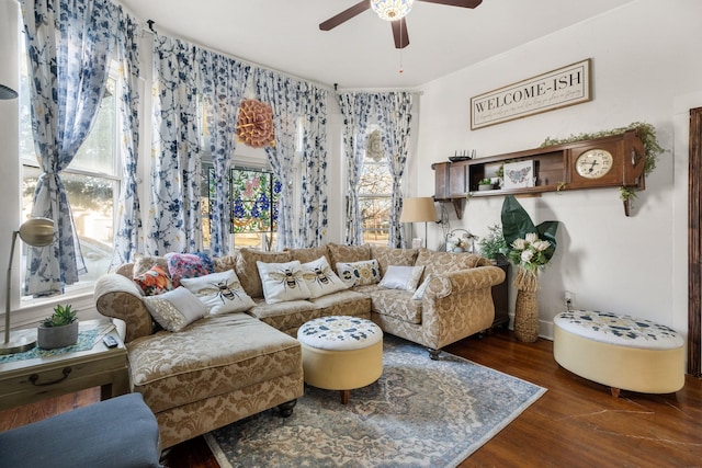 living room with ceiling fan and dark wood-type flooring