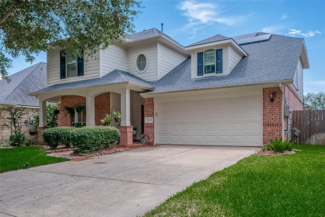 view of front of property featuring solar panels and a porch