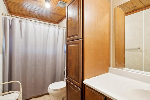 bathroom with tile patterned floors, vanity, toilet, and wooden ceiling