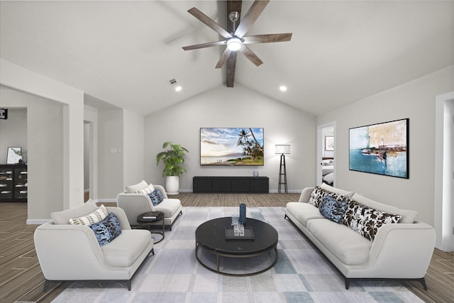 living room with vaulted ceiling with beams and ceiling fan