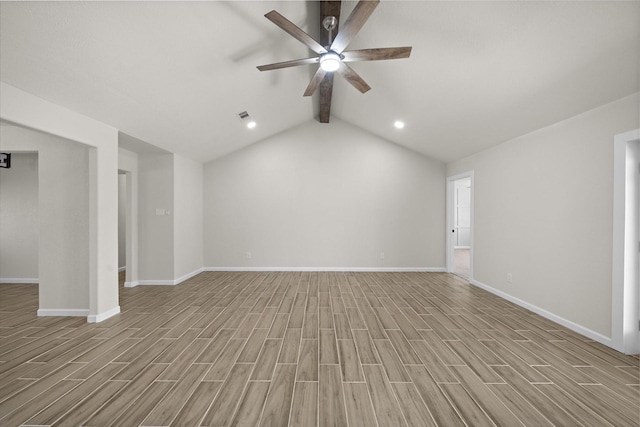 unfurnished living room with lofted ceiling with beams, light hardwood / wood-style floors, and ceiling fan