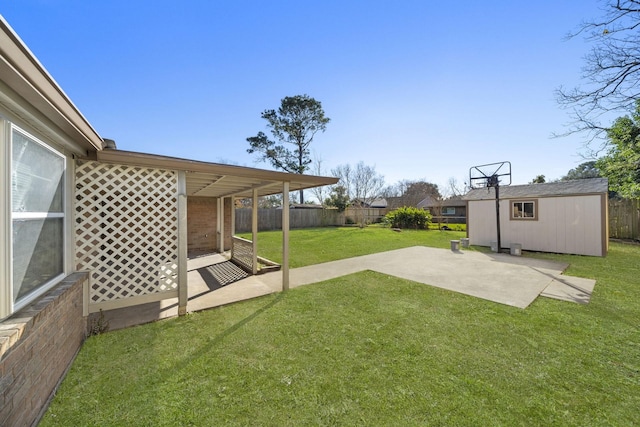 view of yard with a patio and a storage unit