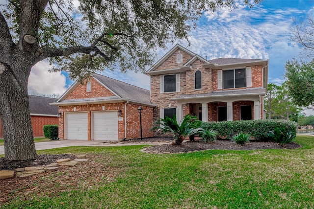 front facade featuring a garage and a front lawn