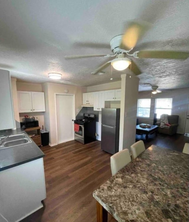 8130 Rockford Dr, Houston, TX 77033 - kitchen with stainless steel appliances, a ceiling fan, white cabinetry, a sink, and a textured ceiling
