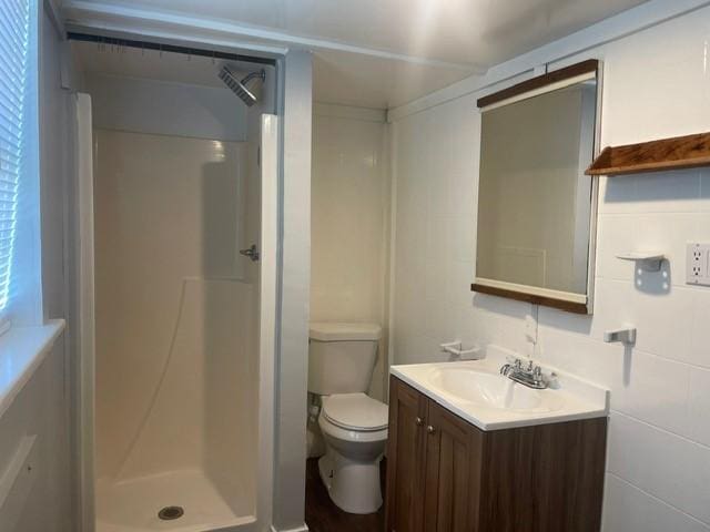 bathroom featuring a shower, vanity, and toilet