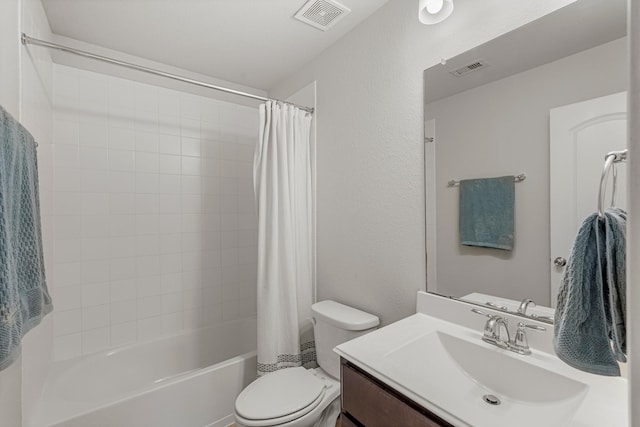 full bathroom with vanity, toilet, and shower / bathtub combination with curtain