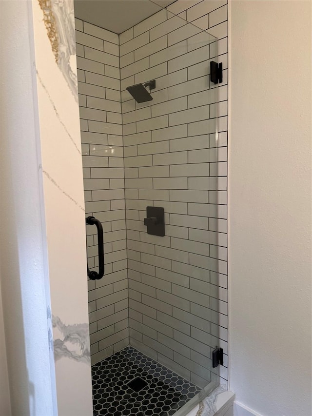 bathroom featuring a shower with door