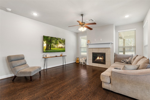 living room with a fireplace, hardwood / wood-style flooring, and a wealth of natural light