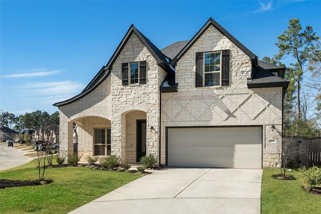 view of front facade with a garage and a front lawn