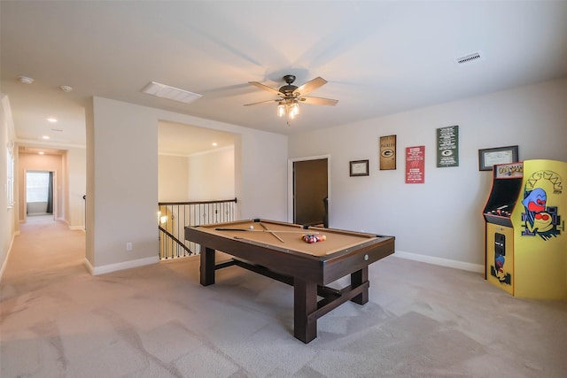 playroom featuring light colored carpet, ceiling fan, and pool table