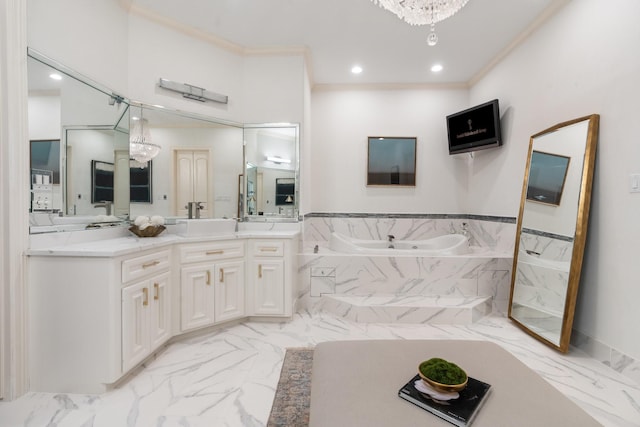 bathroom featuring a notable chandelier, a relaxing tiled tub, ornamental molding, and vanity