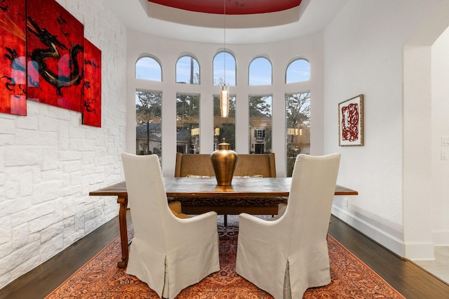 dining room featuring a tray ceiling, dark wood-type flooring, and a high ceiling