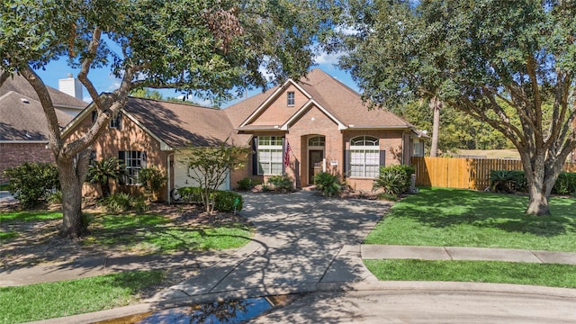 view of front of property featuring an attached garage, brick siding, fence, driveway, and a front yard