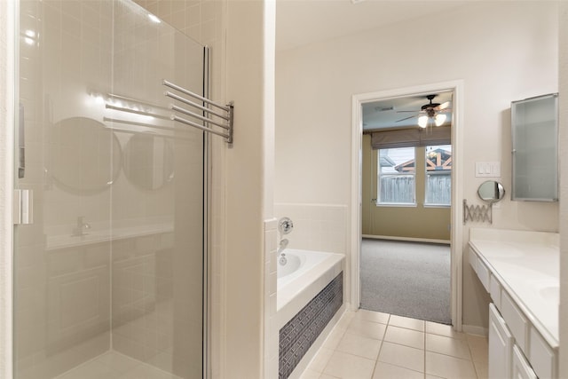 bathroom with ceiling fan, vanity, independent shower and bath, and tile patterned flooring