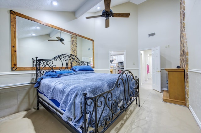 bedroom featuring ceiling fan, high vaulted ceiling, and beam ceiling