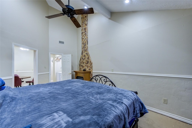 bedroom featuring beamed ceiling, high vaulted ceiling, and ceiling fan