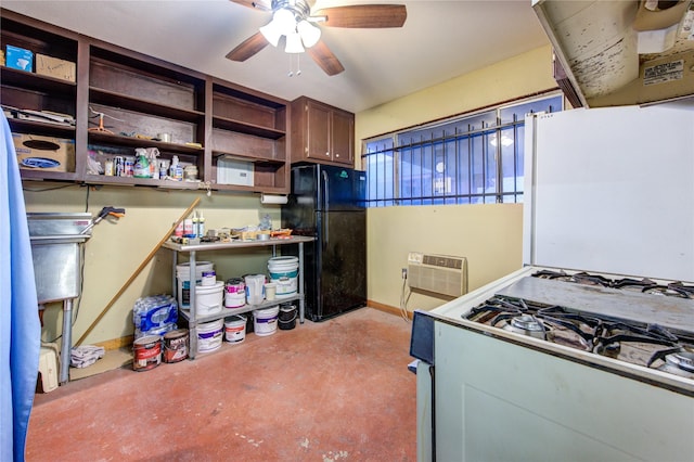 kitchen with ceiling fan, white appliances, and a wall mounted air conditioner