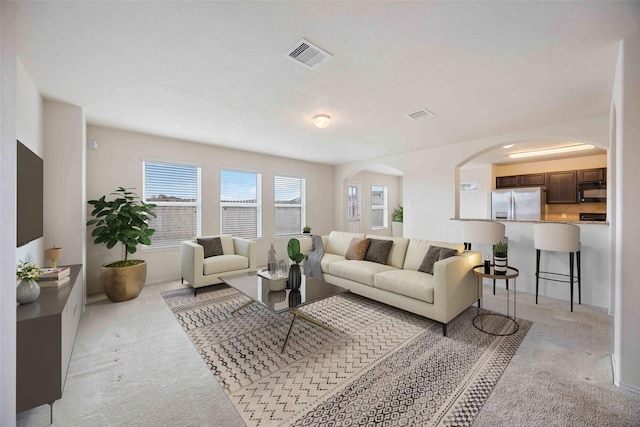 living room featuring light colored carpet