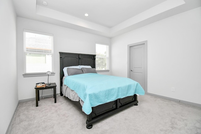 carpeted bedroom featuring a tray ceiling