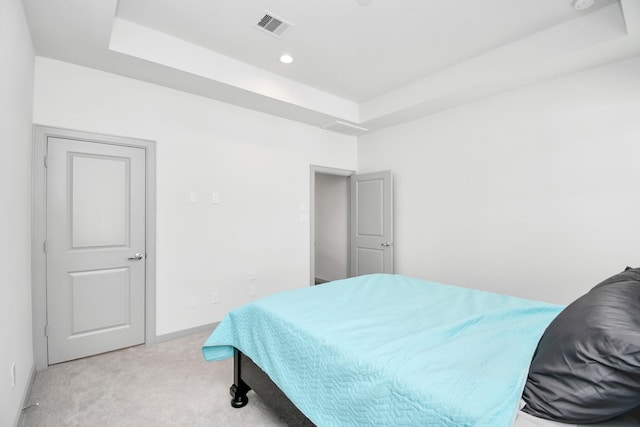 carpeted bedroom featuring a tray ceiling