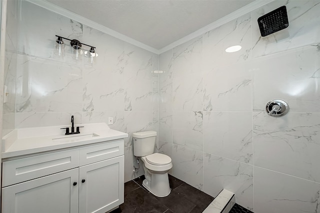 bathroom with a shower, toilet, vanity, and ornamental molding