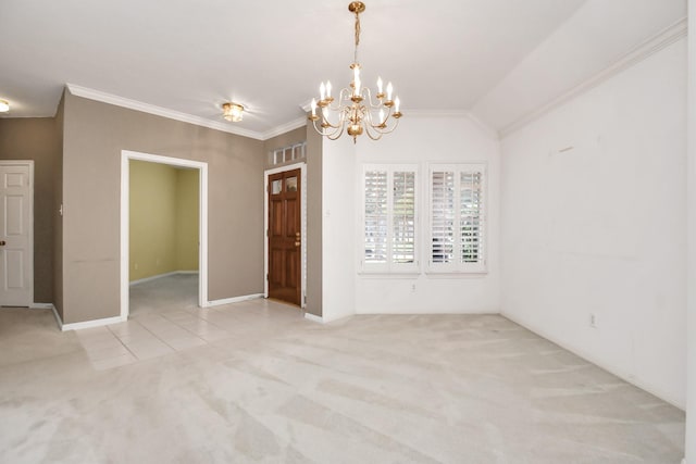 carpeted empty room featuring ornamental molding, lofted ceiling, and a notable chandelier