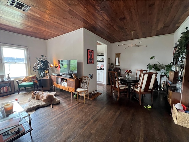 dining room with dark hardwood / wood-style flooring, an inviting chandelier, and wood ceiling