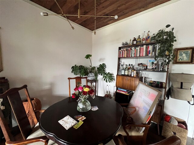 dining area featuring bar area and wooden ceiling