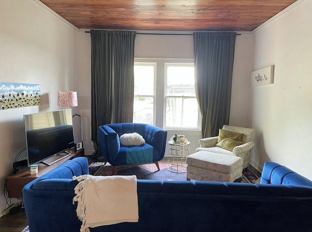 living room with ornamental molding, wood ceiling, and wood-type flooring