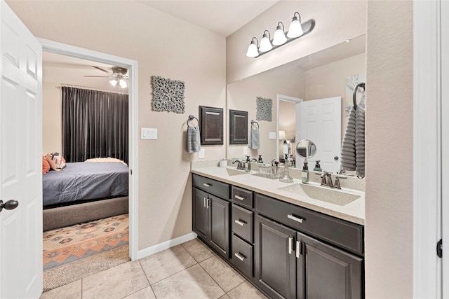 bathroom featuring vanity, tile patterned floors, and ceiling fan