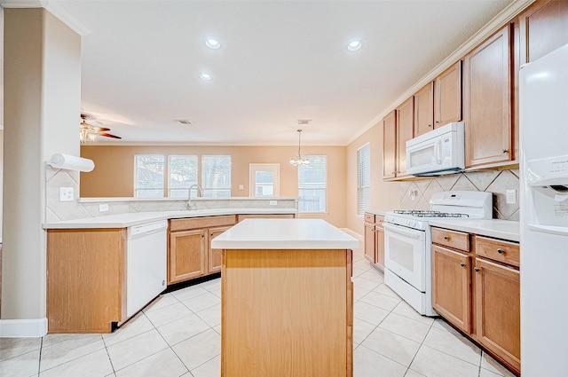 kitchen featuring pendant lighting, a center island, white appliances, decorative backsplash, and ornamental molding