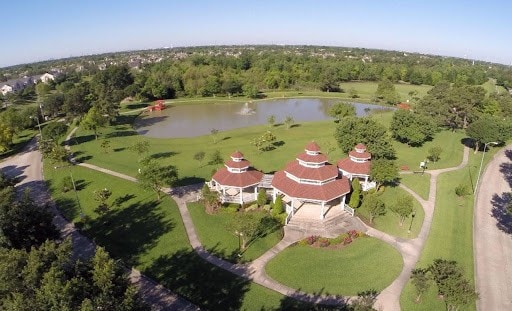 drone / aerial view with a water view