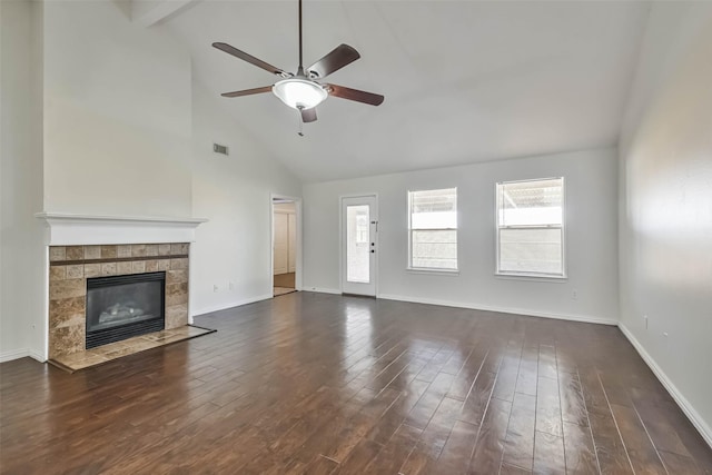 unfurnished living room with dark hardwood / wood-style flooring, plenty of natural light, ceiling fan, and a fireplace