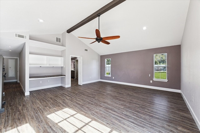 unfurnished living room with ceiling fan, a wealth of natural light, and dark hardwood / wood-style floors