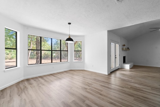 unfurnished living room featuring a fireplace, plenty of natural light, and wood-type flooring