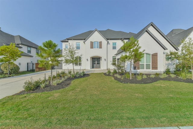 french country inspired facade featuring a front yard