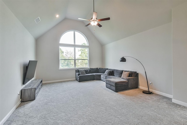 living room with light carpet, ceiling fan, and lofted ceiling