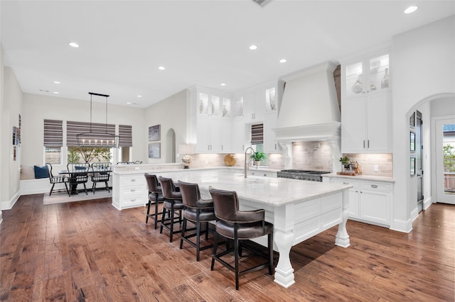 kitchen with an island with sink, premium range hood, decorative backsplash, and white cabinetry